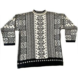 Vintage Black & White Oversized Nordic Geometric Knit Sweater | Unisex | Size S